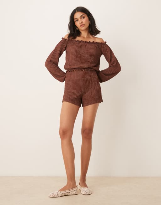 ASOS DESIGN off the shoulder textured top with mini frills in brown - part of a set, 4 of 4