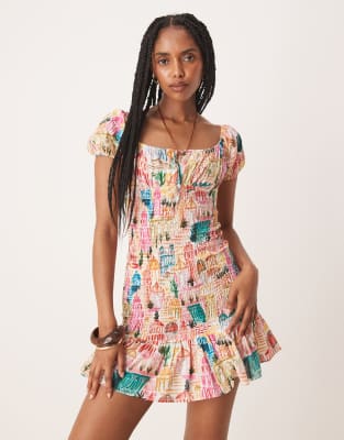 off the shoulder tie front shirred mini dress in floral print-Multi