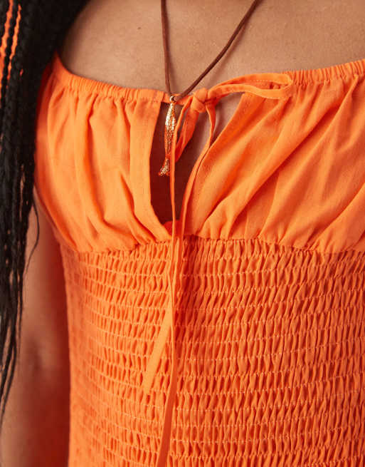 asos orange off the shoulder dress ASOS DESIGN bardot ruched sleeve midaxi dress in rust
