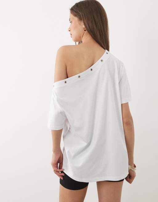 ASOS DESIGN off the shoulder top with grommet detailing in white, 3 of 4