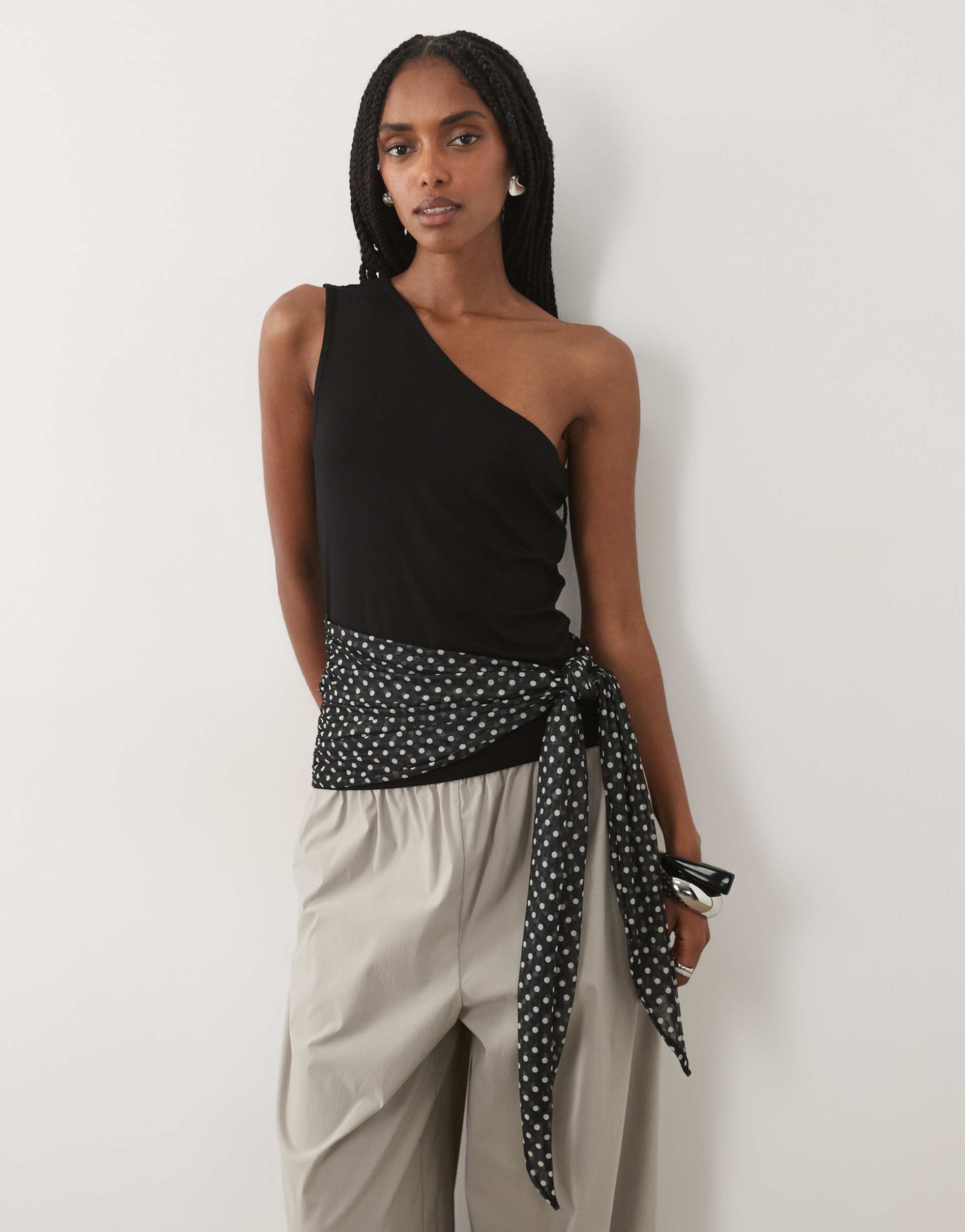 asos design off the shoulder top with polka-dot contrast sarong in black