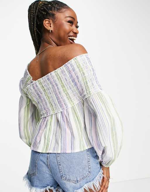 ASOS DESIGN off the shoulder top with shirring volume sleeve in