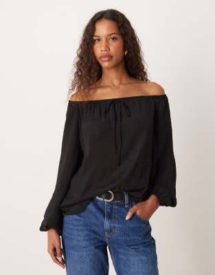 Asos Design Off The Shoulder Top With Volume Sleeves In Black