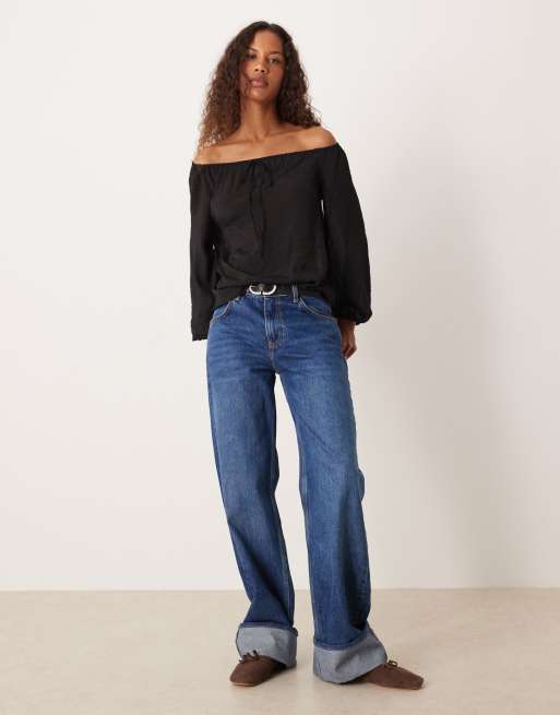ASOS DESIGN off the shoulder top with volume sleeves in