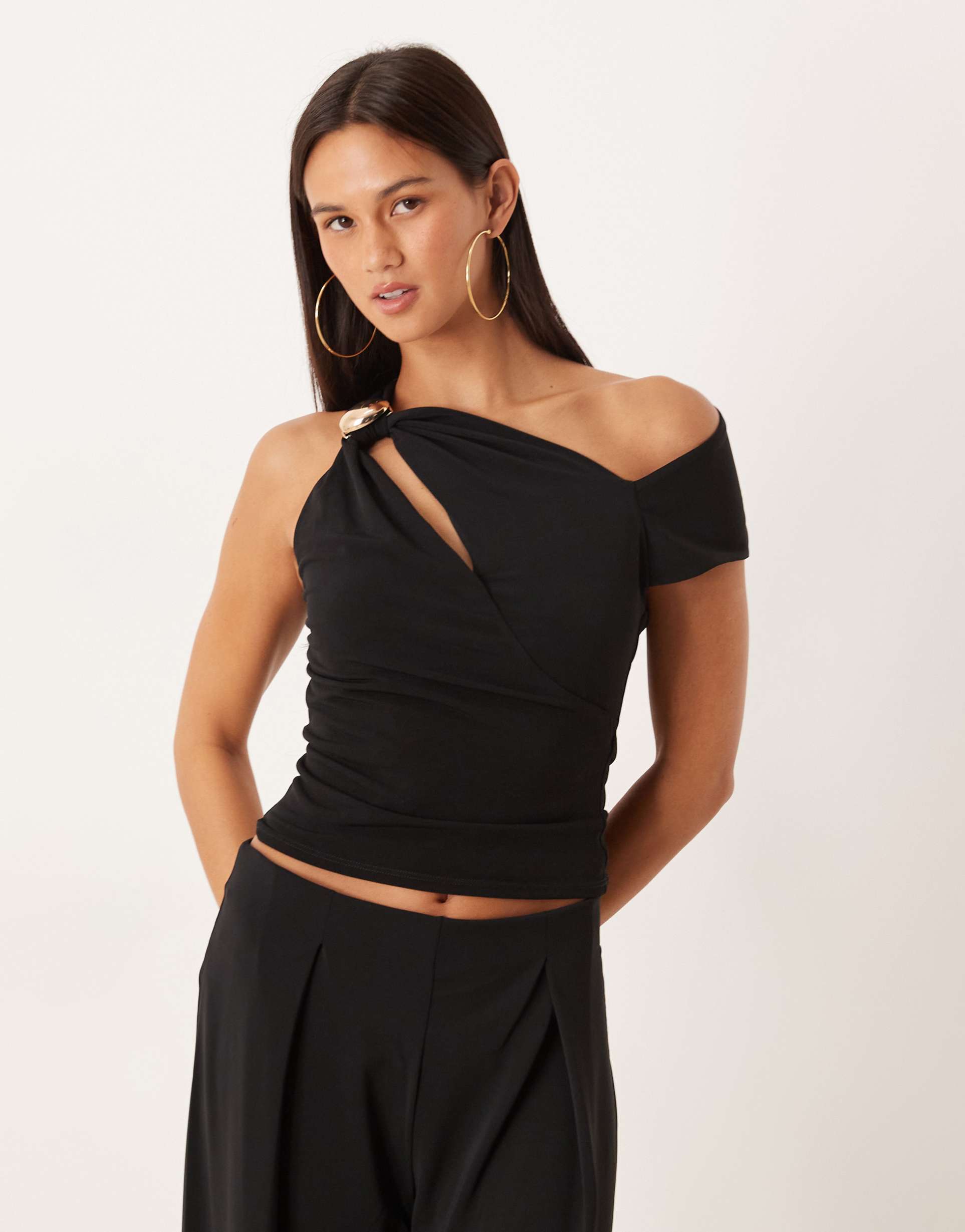 asos design off the shoulder trim detail top with cut out in black