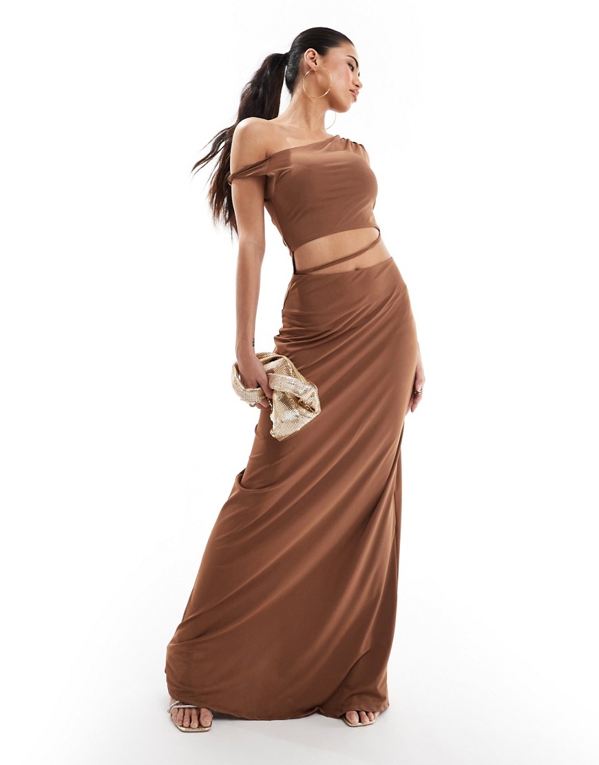 Asos Design Off The Shoulder Waist Detail Maxi Dress In Toffee Brown