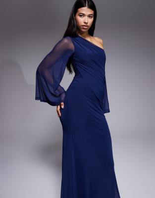 Asos Design Off The Shoulder Wide Sleeves Draped Maxi Dress In Blue