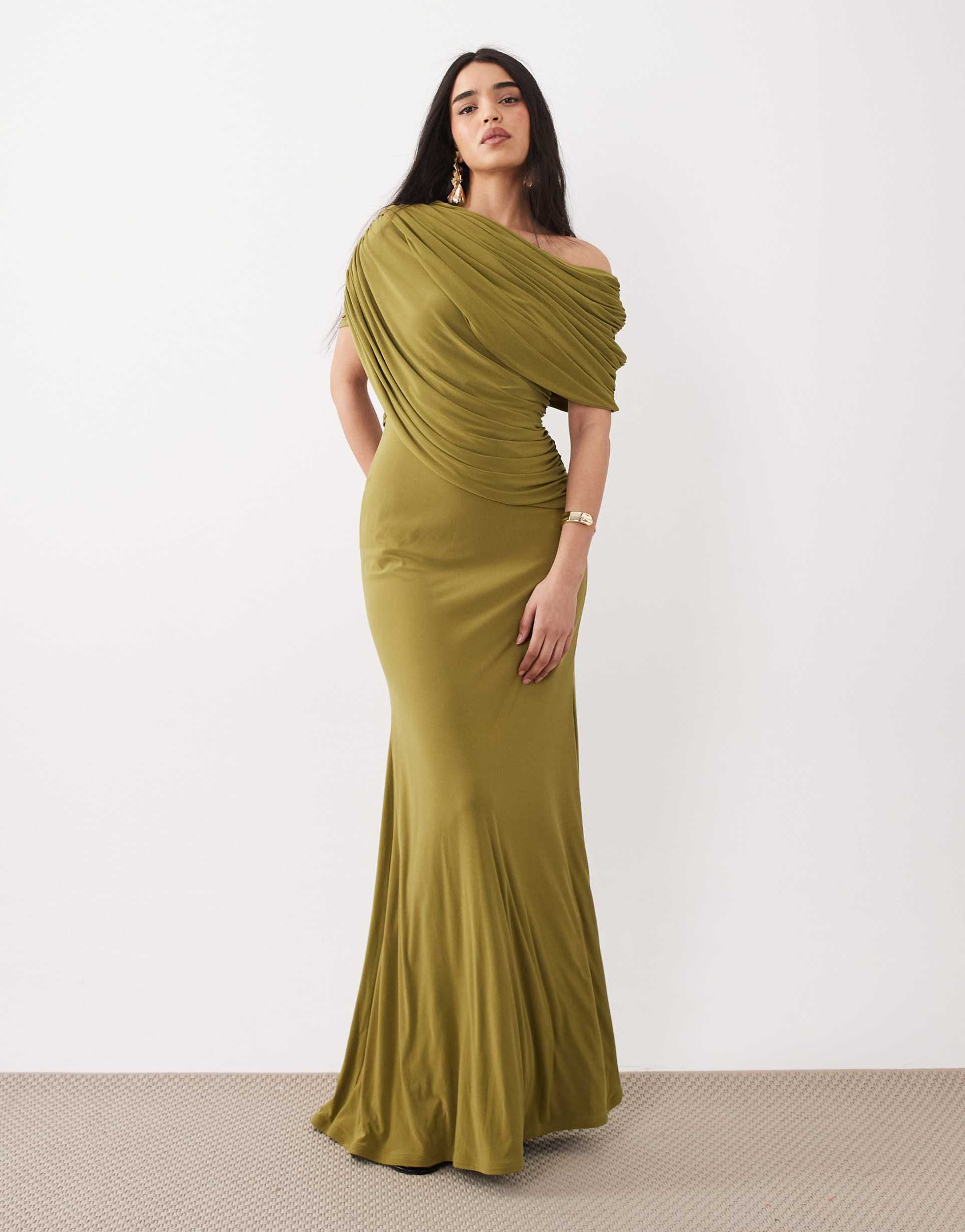 asos design off the shoulder wrap bodice detailing maxi dress with train in green