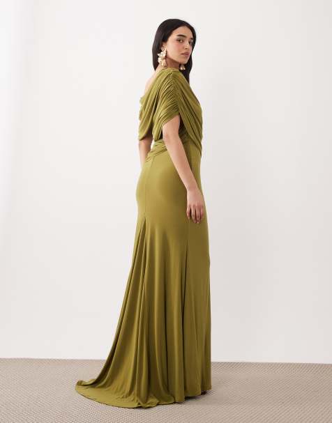 asos long formal dresses ASOS Design Sequin Long Sleeve Open Back Midi Dress Sage Green Tall Size 12