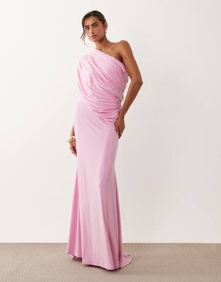 Asos Design Off The Shoulder Wrap Bodice Detailing Maxi Dress With Train In Pink