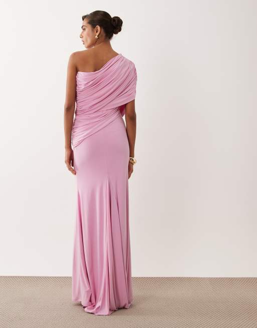 ASOS DESIGN off the shoulder wrap bodice detailing maxi dress with train in pink, 3 of 4