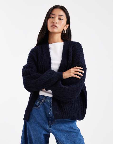 ASOS DESIGN – Offene, flauschige Longline-Strickjacke in Marineblau - view 1