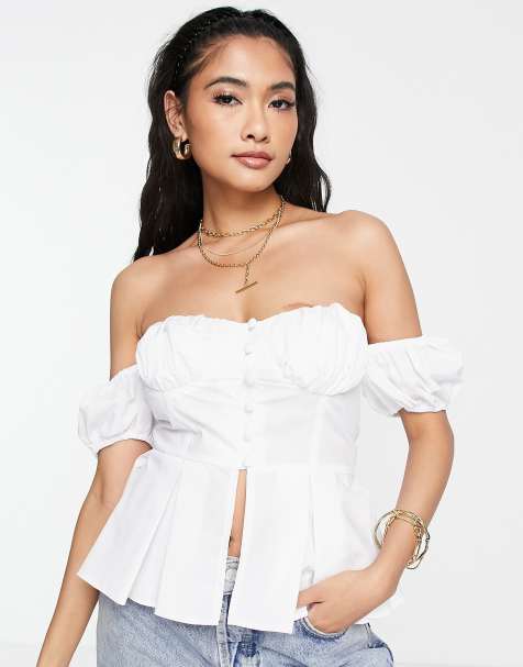 ASOS DESIGN - Offshoulder korset-top med pufærmer i hvid - view 1