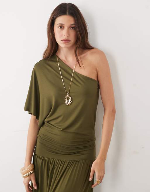 ASOS DESIGN offshoulder løstsiddende midikjole i khaki, 3 af 4