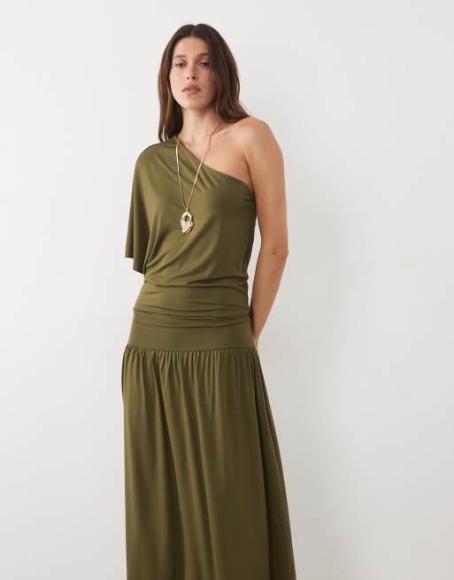 ASOS DESIGN offshoulder løstsiddende midikjole i khaki, 4 af 4