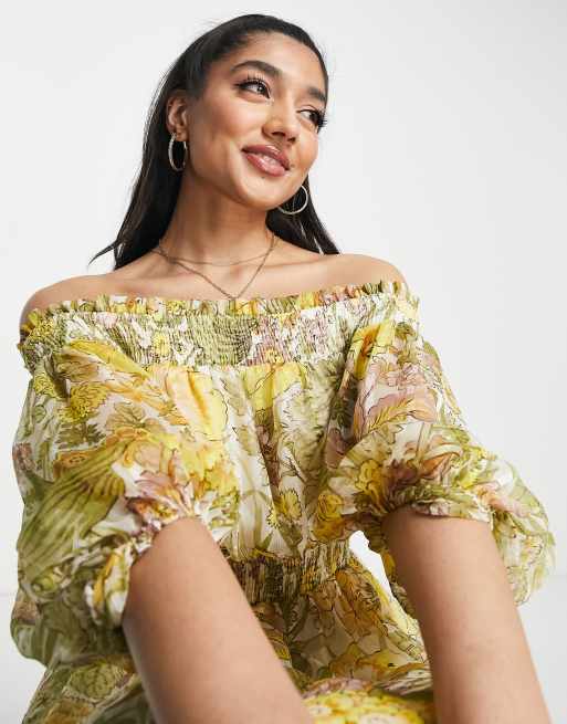 ASOS DESIGN - Offshoulder-maxikjole med blouson-ærmer og stribet print med markblomster, 3 af 4