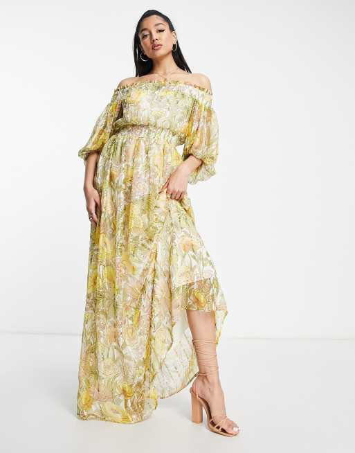 ASOS DESIGN - Offshoulder-maxikjole med blouson-ærmer og stribet print med markblomster, 4 af 4