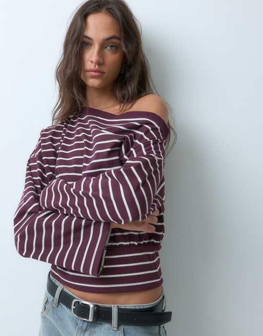 ASOS DESIGN Offshoulder med indsnøret talje og lange ærmer i bordeauxstribet, 5 af 5