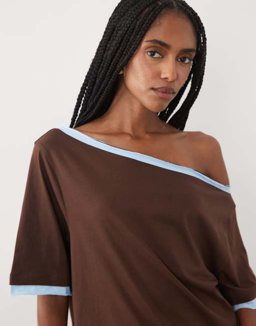 ASOS DESIGN offshoulder med kontrasttop i brun og blå, 3 af 4