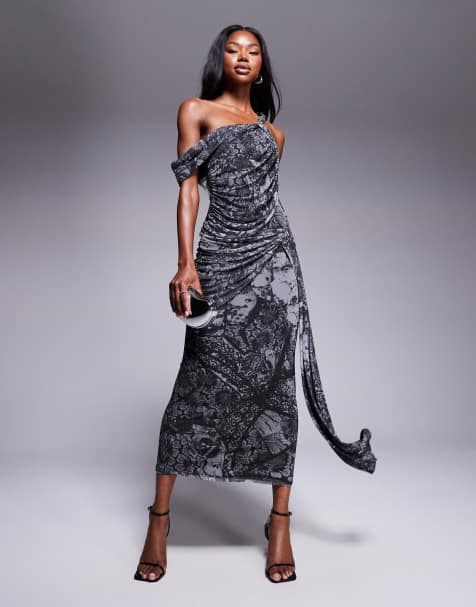ASOS DESIGN - Offshoulder-midikjole med asymmetrisk snit, draperinger og skærfdetalje med abstrakt print og blomstermønster i mesh - view 1
