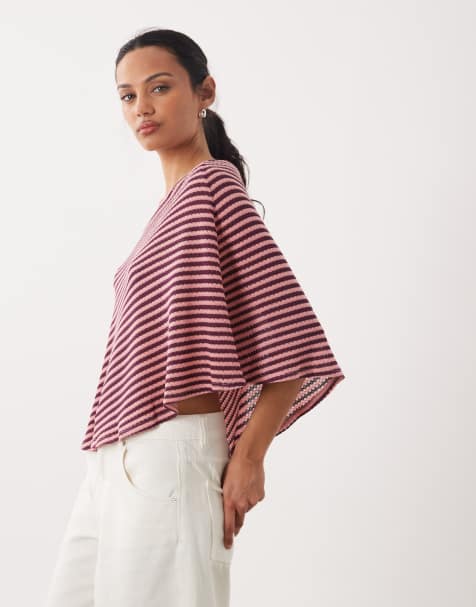 ASOS DESIGN - Offshoulder-top i hæklet look med kappesnit og brune/lyserøde striber - view 1