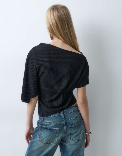 ASOS DESIGN offshoulder-top med indsnøret talje og tekstur i sort, 2 af 5