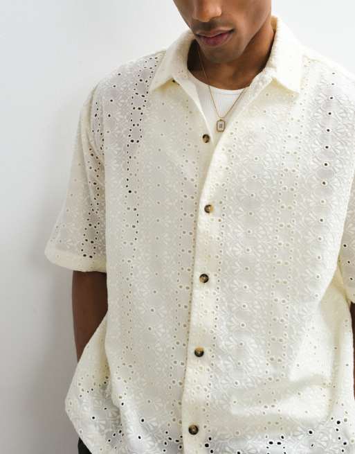ASOS DESIGN - Offwhite oversized skjorte med firkantet pasform og broderie anglaise-design, 3 af 5