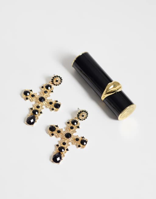ASOS DESIGN Ohrringe mit Anhänger im Kreuzdesign mit schwarzen Steinfassungen in Goldoptik, 2 von 4