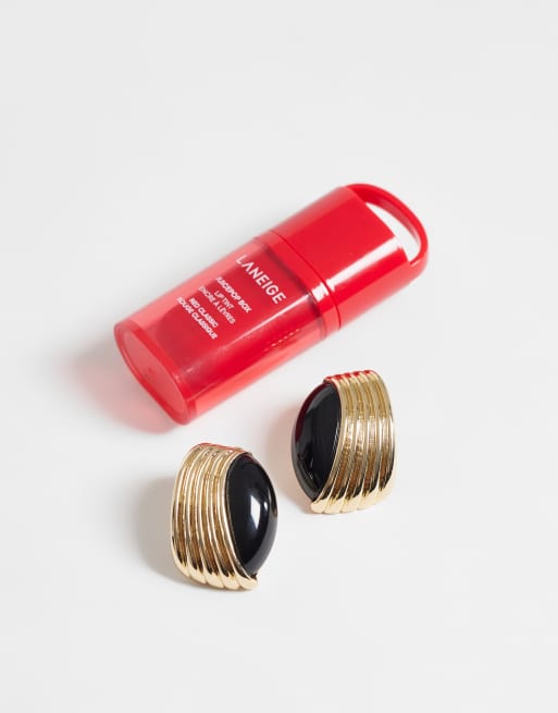ASOS DESIGN Ohrstecker mit schwarzem Steinsatz und goldfarbenem Design, 3 von 4