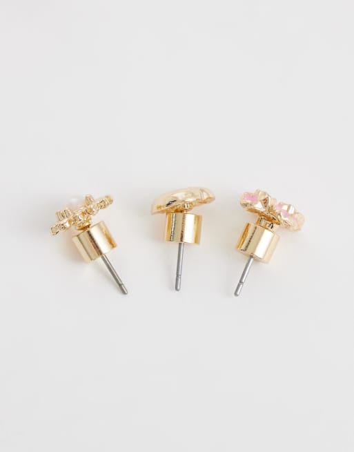 ASOS DESIGN – Ohrstecker mit Sonnen-, Herzchen- und Blumen-Designs in Rosa und Goldoptik, 3er-Pack, 4 von 4