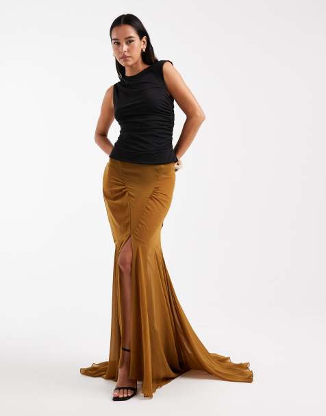 ASOS DESIGN - Okkergul maxinederdel med slæb i chiffon - view 1