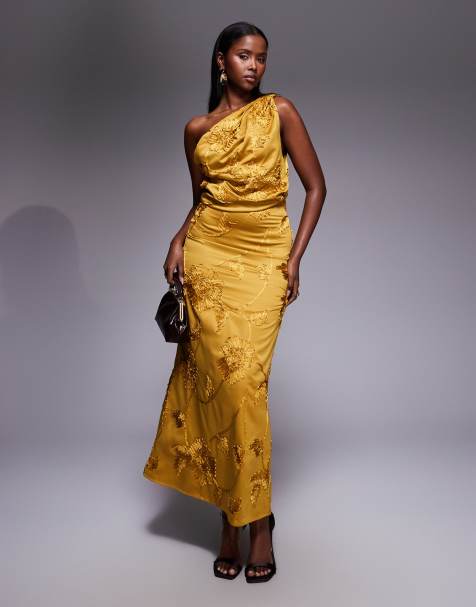 ASOS DESIGN - Okkergul oneshoulder-midaxikjole med drapering og broderier - view 1
