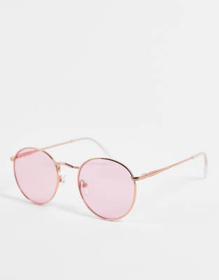 ASOS DESIGN – Okrągłe metalowe okulary przeciwsłoneczne z oprawkami w kolorze różowego złota i różowymi szkłami 