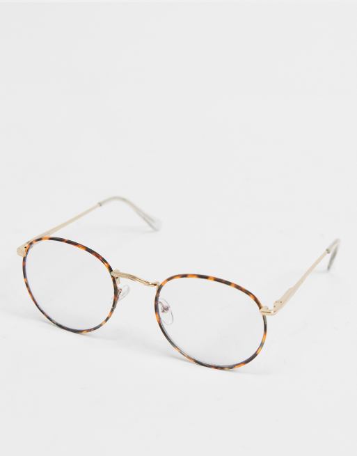 ASOS DESIGN – Okrągłe metalowe okulary z przezroczystymi szkłami w szylkretowych oprawkach z niebieskim połyskiem