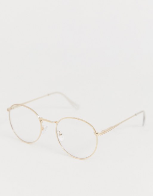 ASOS DESIGN – Okrągłe okulary przeciwsłoneczne w stylu lat 90. z metalowymi oprawkami w kolorze złotym i przezroczystymi szkłami