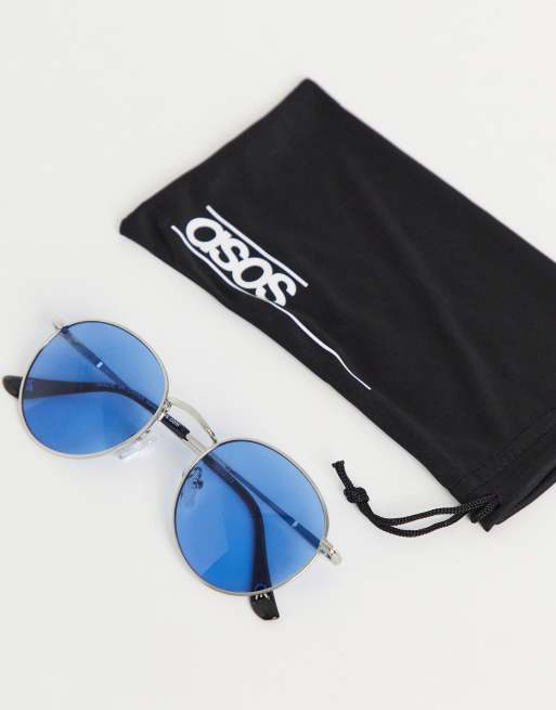 ASOS DESIGN – Okrągłe okulary przeciwsłoneczne z metalowymi oprawkami w kolorze srebrnym z niebieskimi soczewkami