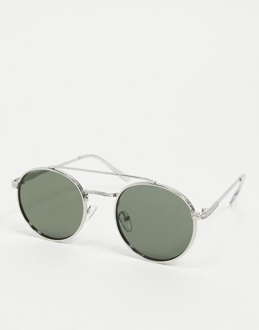 ASOS DESIGN – Okrągłe okulary przeciwsłoneczne ze srebrnymi oprawkami i mostkiem na czole oraz soczewkami G15