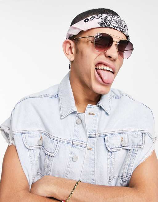 ASOS DESIGN – Okulary przeciwsłoneczne aviator w kolorze złotym z fioletowymi szkłami, w stylu lat 70.