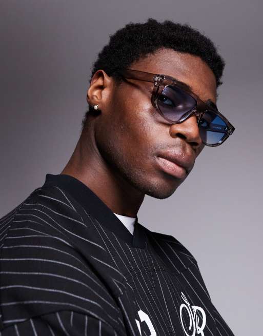 ASOS DESIGN – Okulary przeciwsłoneczne aviator z szarymi przezroczystymi oprawkami i niebieskimi szkłami