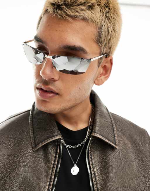 ASOS DESIGN – Okulary przeciwsłoneczne bez oprawek w stalowym kolorze z metalowymi zausznikami w stylu lat 2000.
