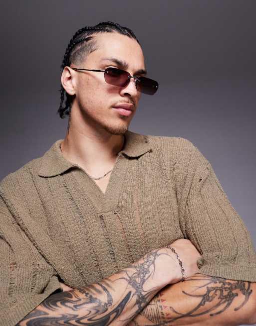 ASOS DESIGN – Okulary przeciwsłoneczne bez oprawek ze srebrnymi zausznikami i bordowymi soczewkami z efektem ombre