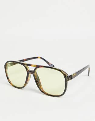 ASOS DESIGN – Okulary przeciwsłoneczne typu aviator w szylkretowych oprawkach z żółtymi soczewkami