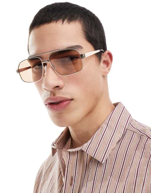 ASOS DESIGN – Okulary przeciwsłoneczne typu aviator w złotych metalowych oprawkach z brązowymi soczewkami