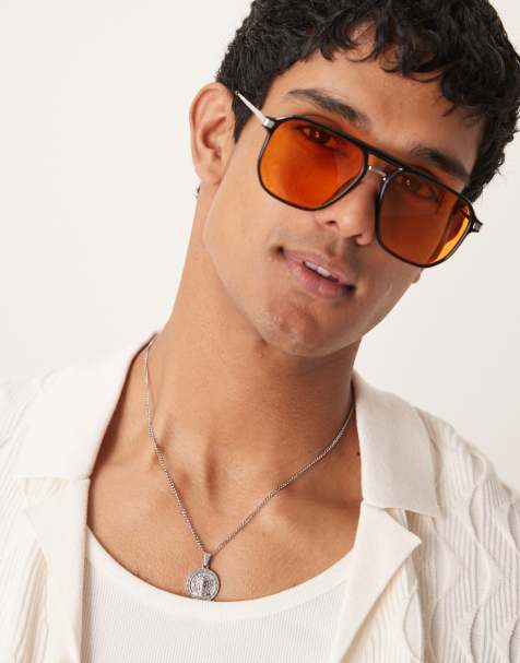 ASOS DESIGN – Okulary przeciwsłoneczne typu aviator z czarnymi oprawkami i bursztynowymi soczewkami - view 1