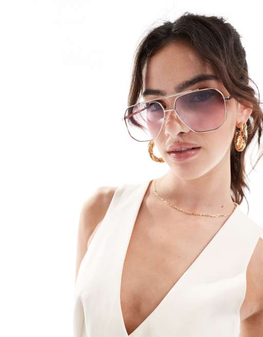 ASOS DESIGN – Okulary przeciwsłoneczne typu aviator z metalowymi oprawkami i soczewkami z różowym efektem ombre w stylu lat 70.