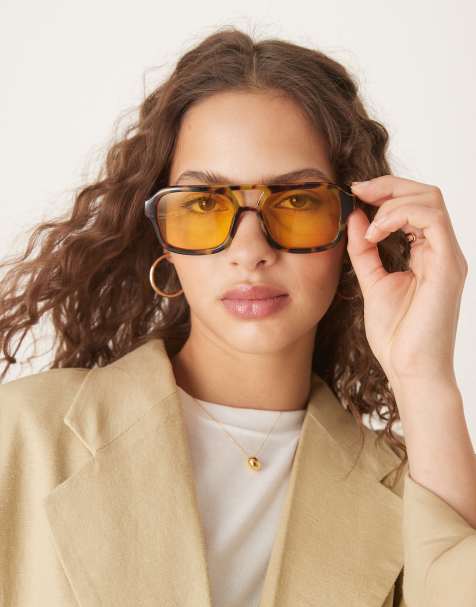 ASOS DESIGN – Okulary przeciwsłoneczne typu aviator z mlecznymi szylkretowymi oprawkami i żółtymi soczewkami - view 1