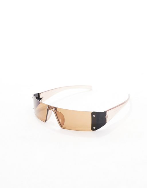 ASOS DESIGN – Okulary przeciwsłoneczne typu visor bez oprawek ze szkłami w brązowym kolorze w stylu lat 2000.