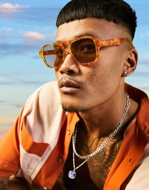 ASOS DESIGN – Okulary przeciwsłoneczne vintage typu aviator z szylkretowymi oprawkami i brązowymi barwionymi szkłami w stylu lat 70.