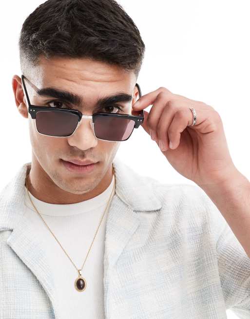 ASOS DESIGN – Okulary przeciwsłoneczne w stylu retro z czarno-srebrnymi oprawkami i bordowymi soczewkami