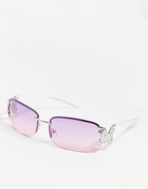 ASOS DESIGN – Okulary przeciwsłoneczne z zausznikami z motylkami z wyblakłymi różowymi soczewkami w stylu lat 90.